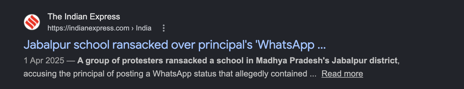 Indian Express: Jabalpur school ransacked over principal's WhatsApp post